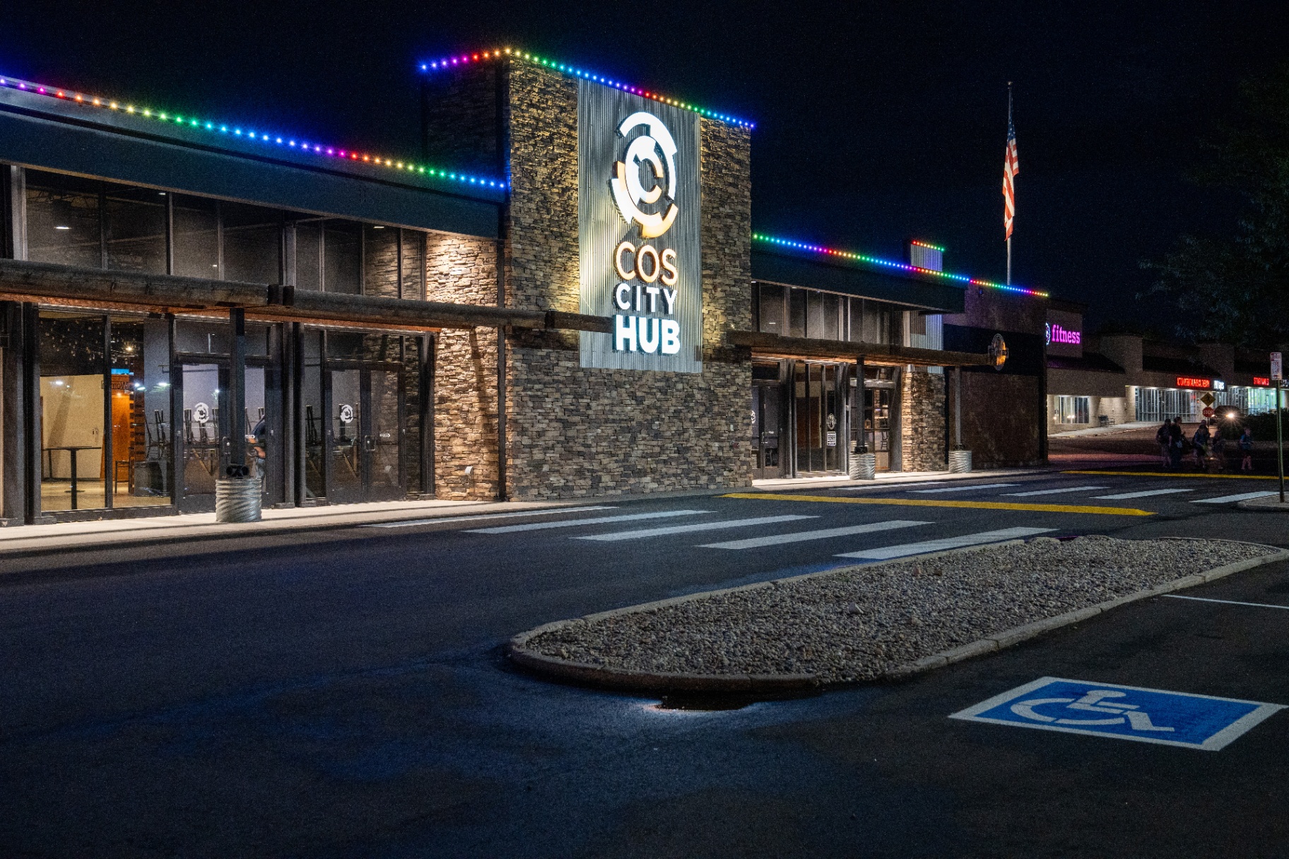 Rainbow lighting on a commercial building
